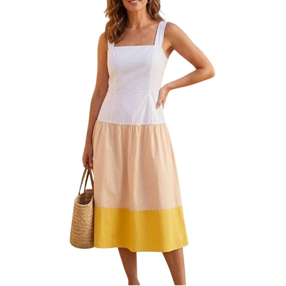 Cremieux Anna Midi Dress Women's 6 Ivory Khaki Colorblock Cotton Blend NWT